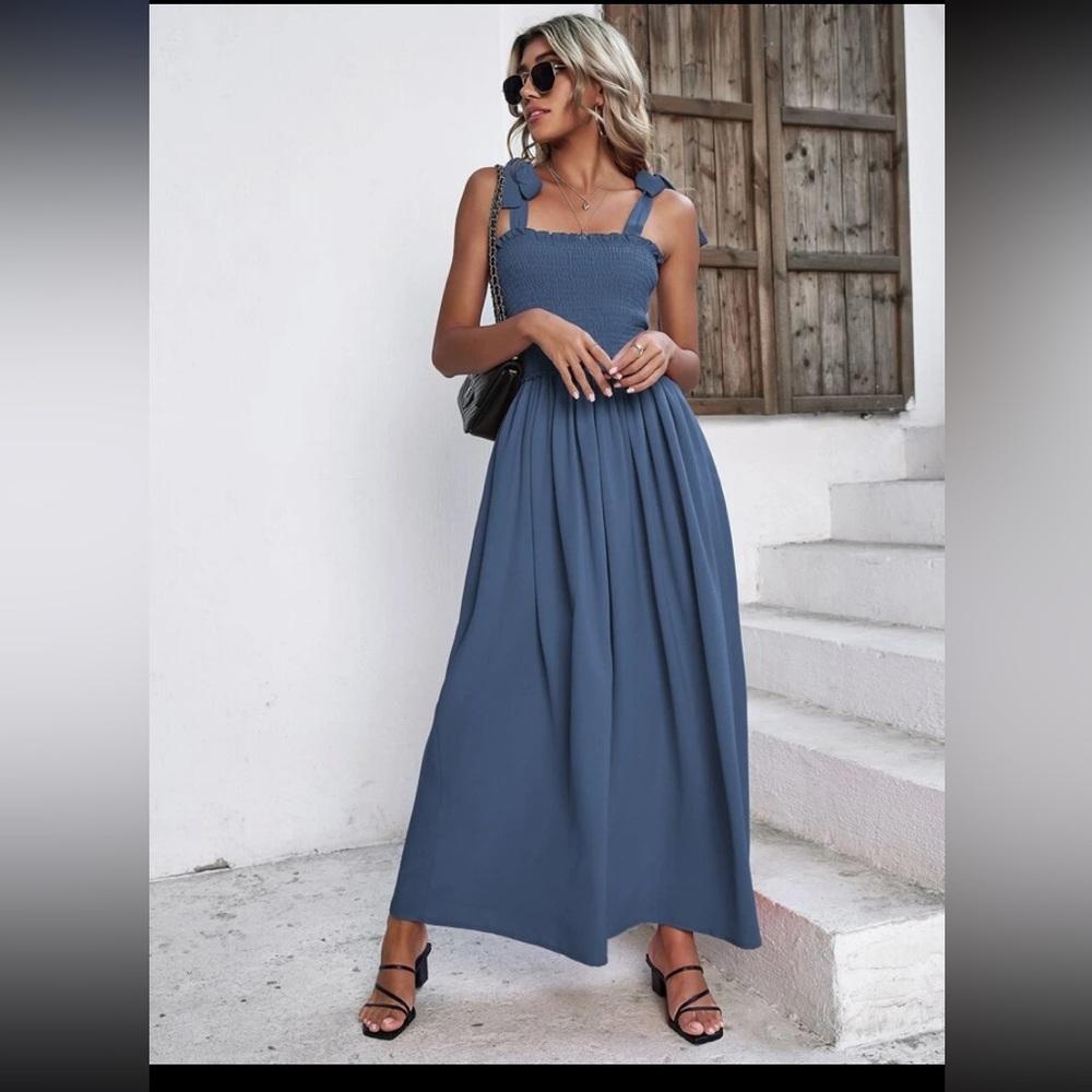 NWOT Dusty Blue Tie Shoulder Shirred Frill Trim Cami Dress